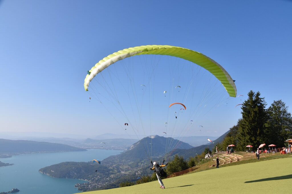 paragliders, sails, wings, lift-off, deco parapente la forclaz, haute-savoie, france, blue sky, paragliding, fly, free flight, aircraft